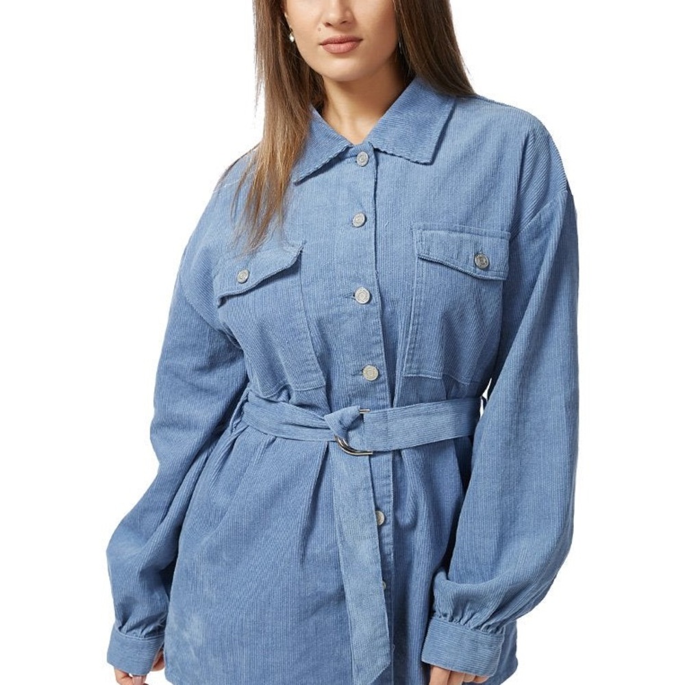 Forever Women's Blue Belted Shacket With Frayed Them | Size S